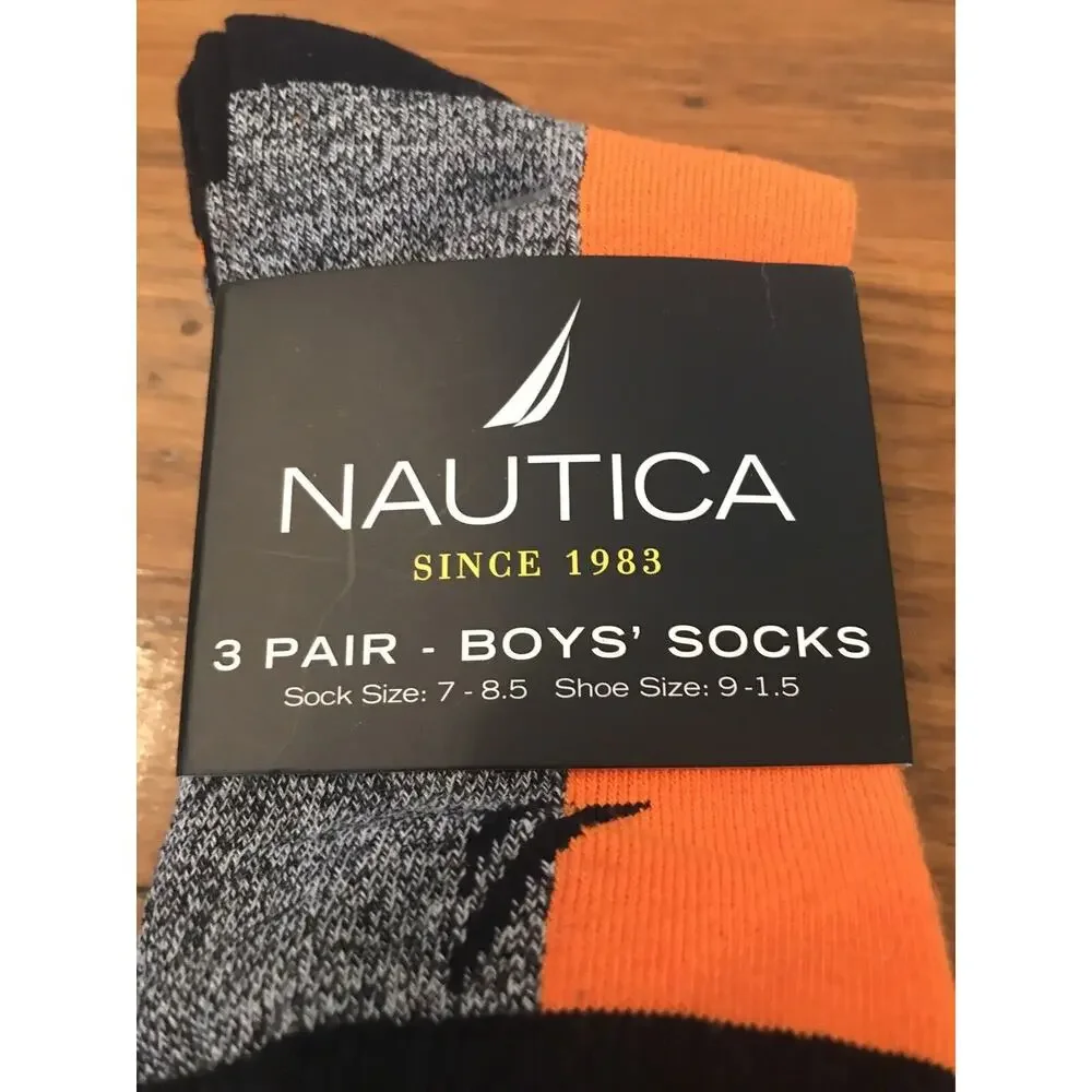 Nautica Boys New 3 Pair Crew Socks Orange Navy Blue Sock Size 7-8.5